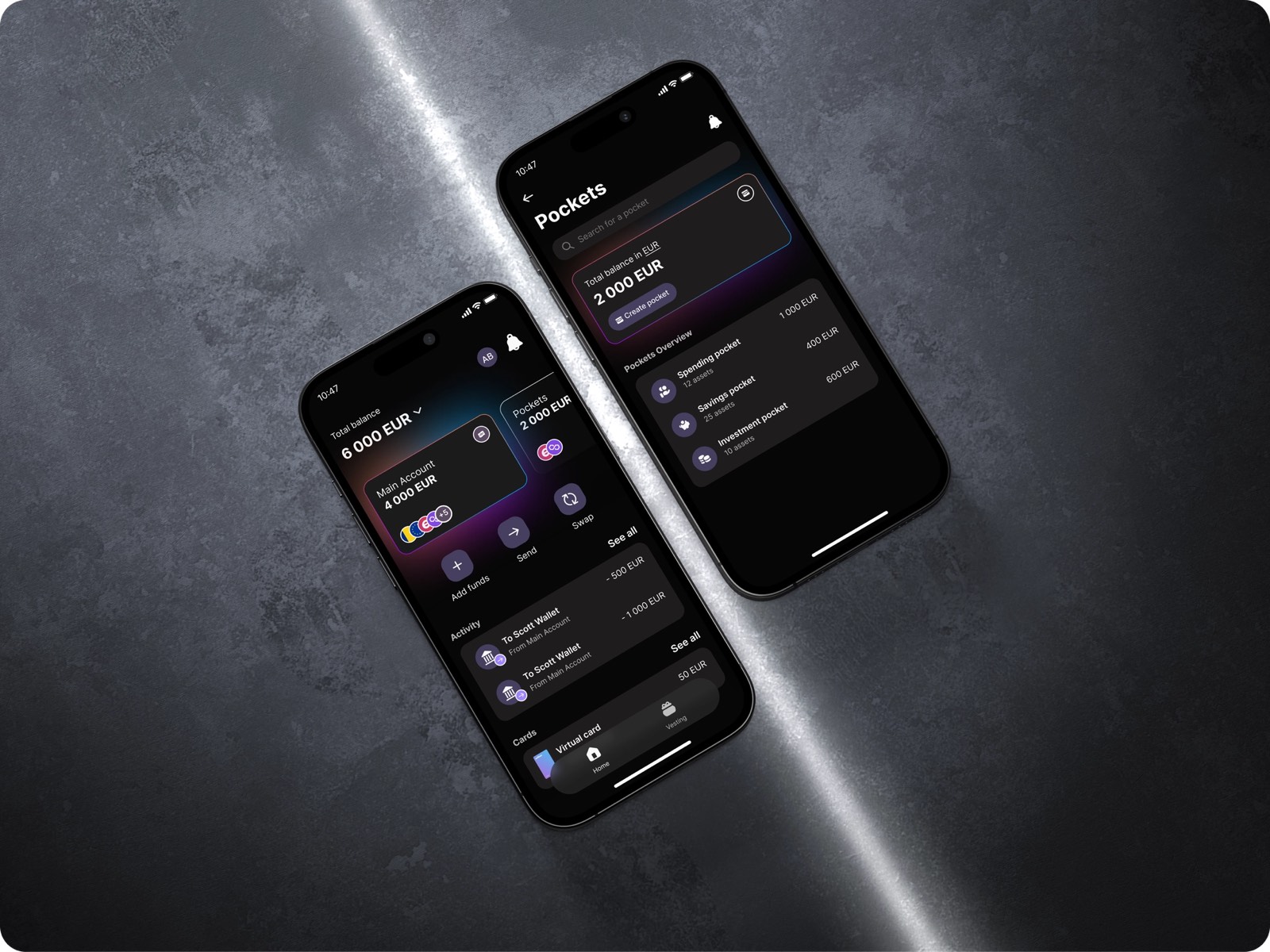 Enfineo's Main Account and Pockets screens, shown on two phones