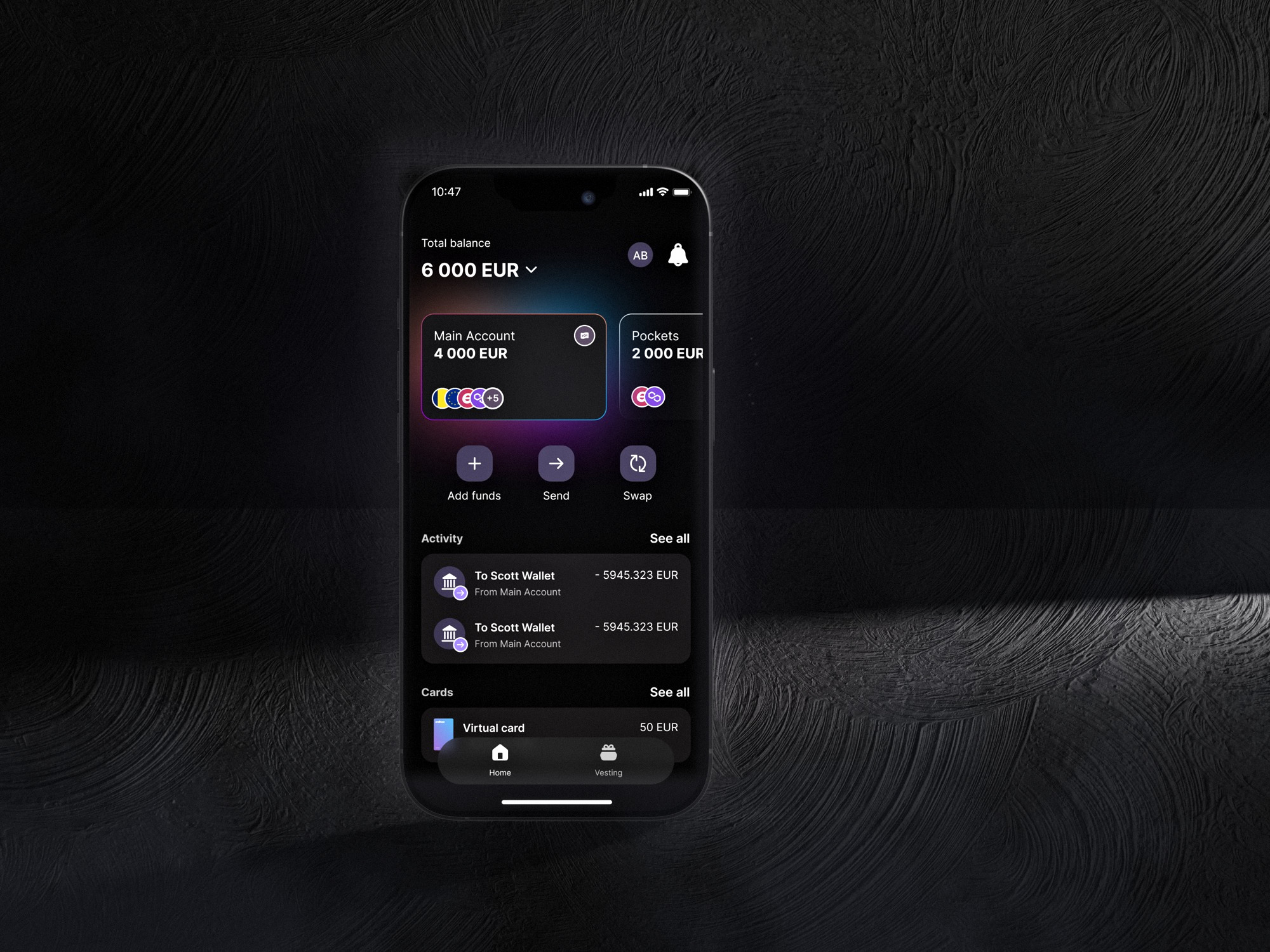 The Enfineo wallet on a phone resting on dark stone, lit against a calm, premium backdrop