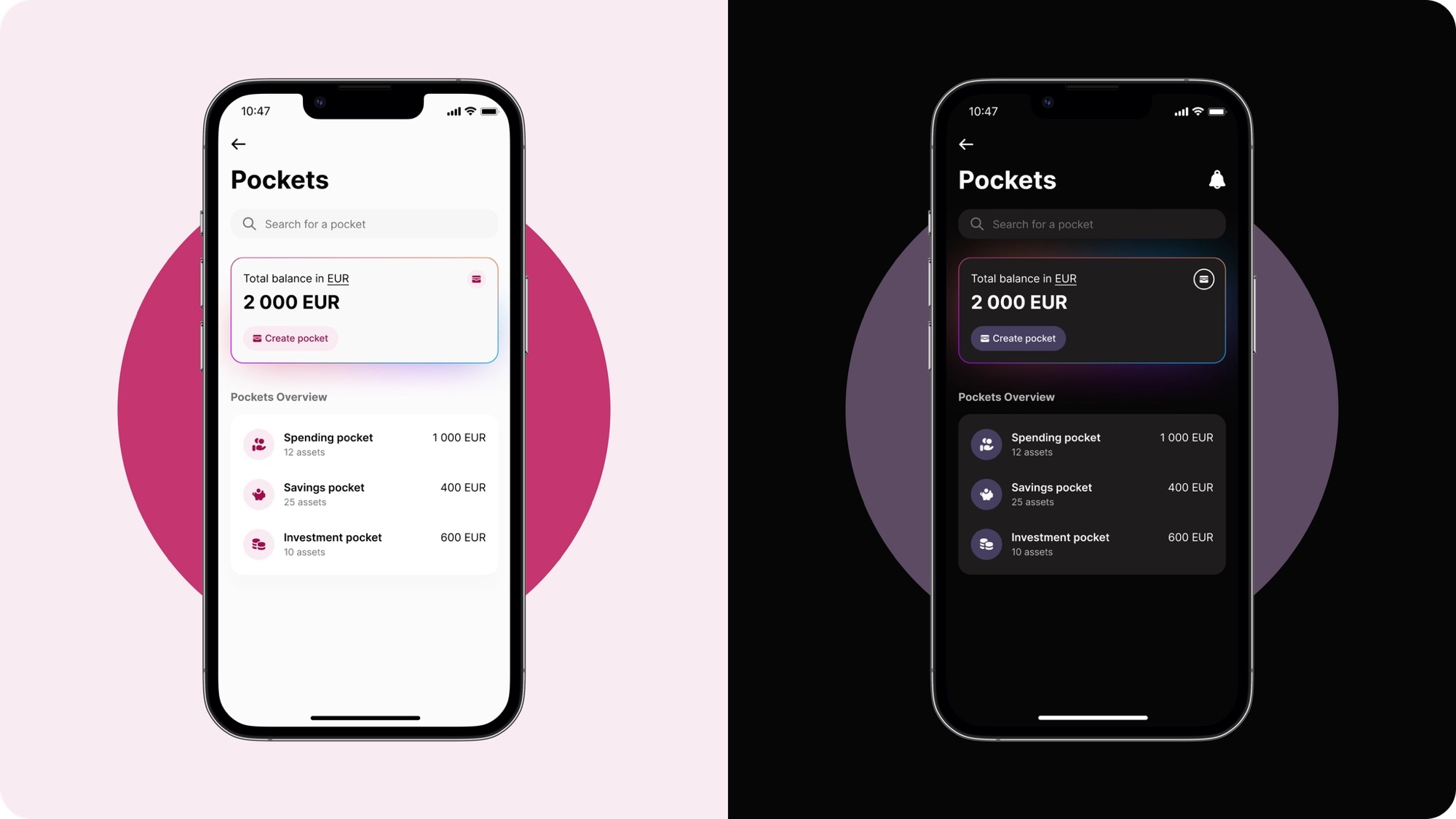 The Pockets index screen shown side by side in light and dark theme: search, total balance, and a per-pocket breakdown for Spending, Savings and Investment pockets
