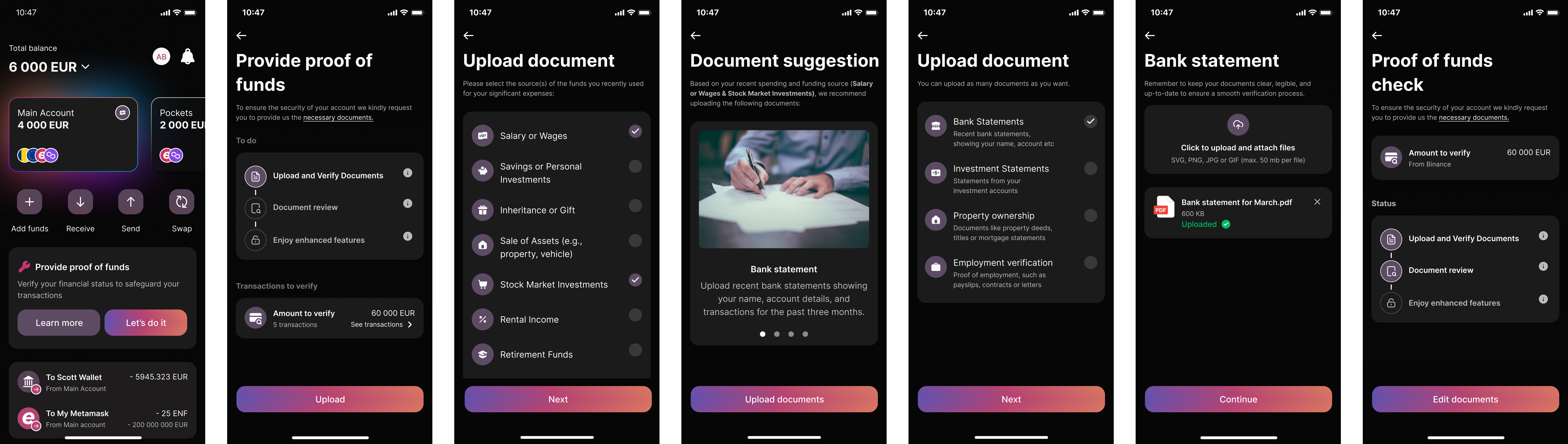 The Proof of Funds happy path across seven screens: the prompt on the main account, the to-do checklist, selecting the source of funds, a document suggestion, the document-type list, a bank statement uploaded successfully, and the proof-of-funds check status