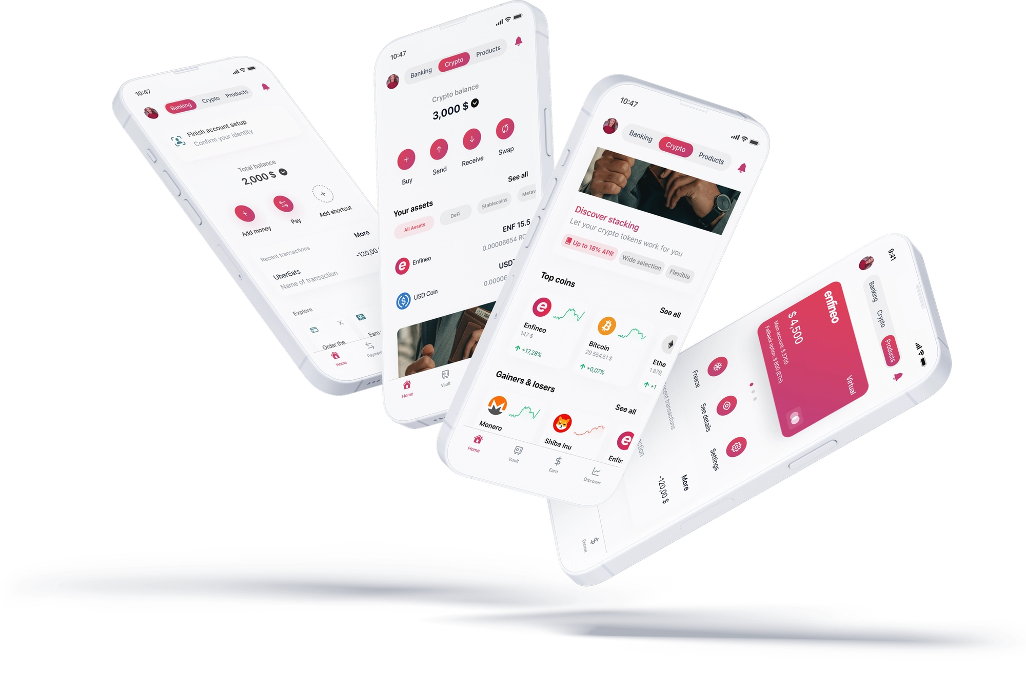 The shipped direction across four screens: a Banking home, a Crypto balance with assets and staking, a top-coins market view, and a virtual card