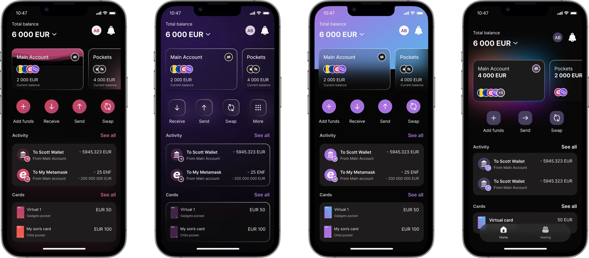 The Main Account and Pockets screen across four visual iterations, from an early light build to progressively refined dark and gradient treatments