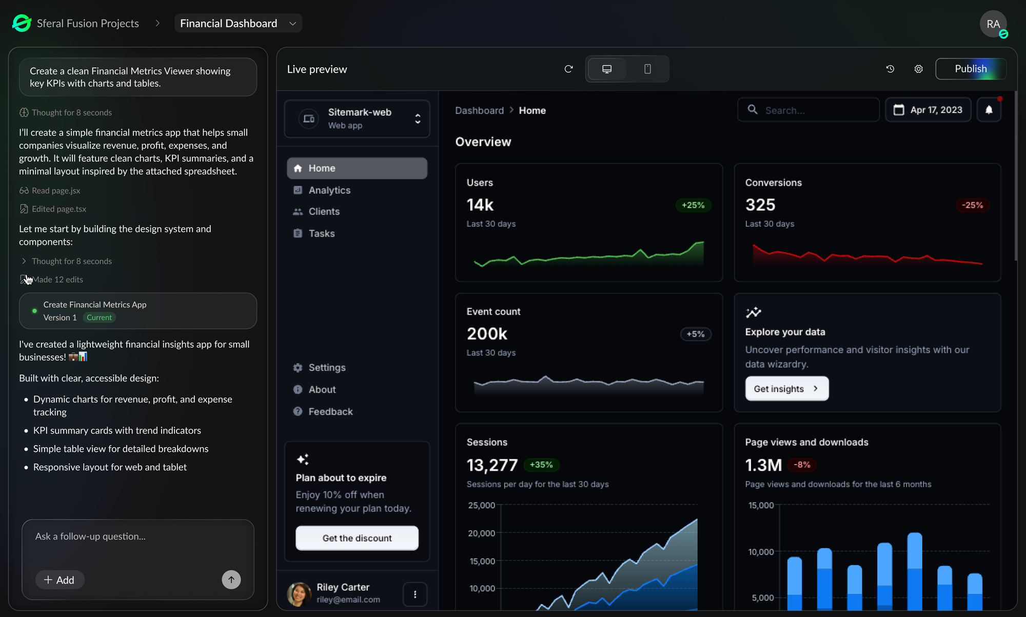 Sferal Fusion chat panel building a financial dashboard, with the generated app's live preview shown alongside