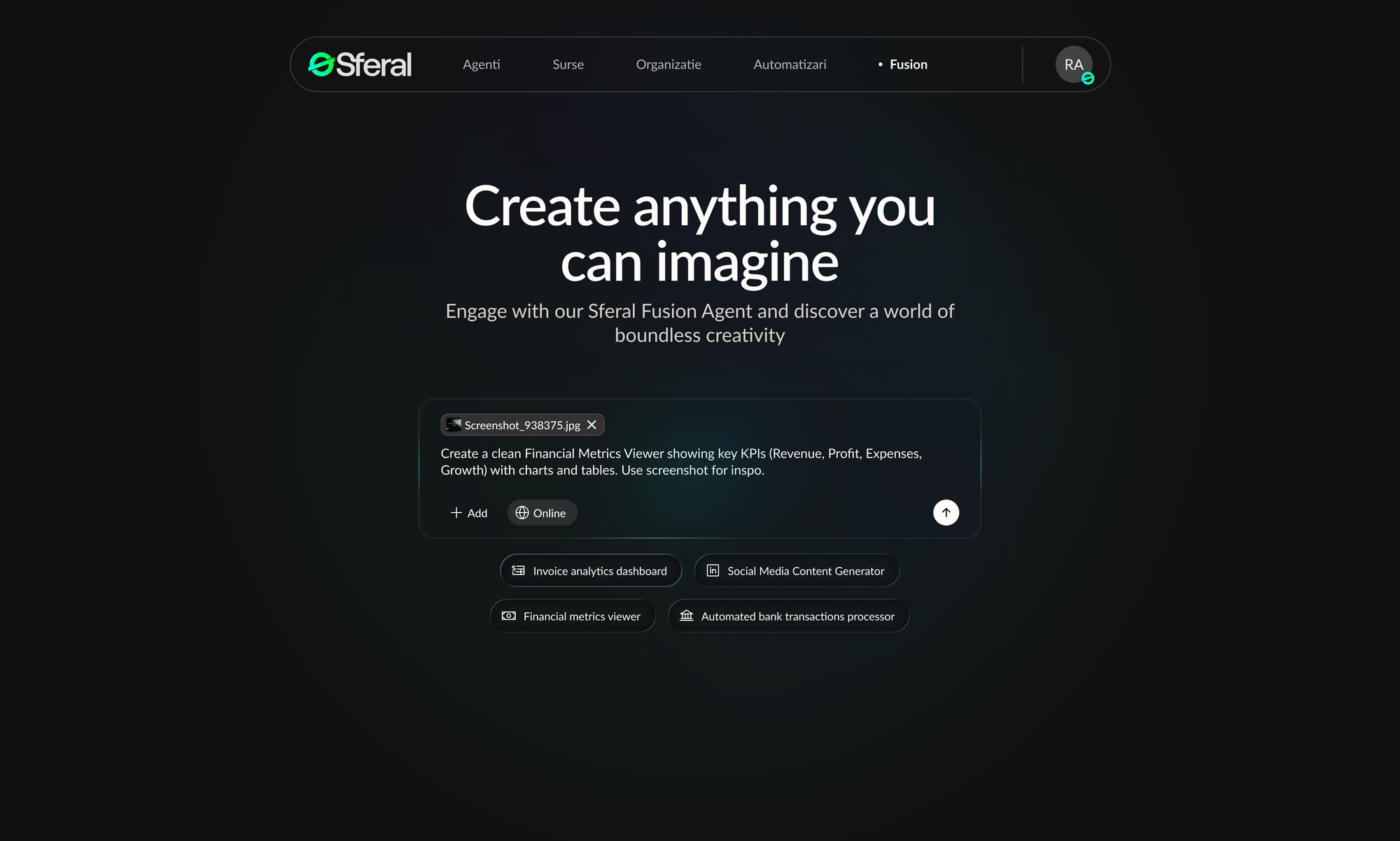 Sferal Fusion landing page with the headline "Create anything you can imagine" and a prompt box for describing the tool to build