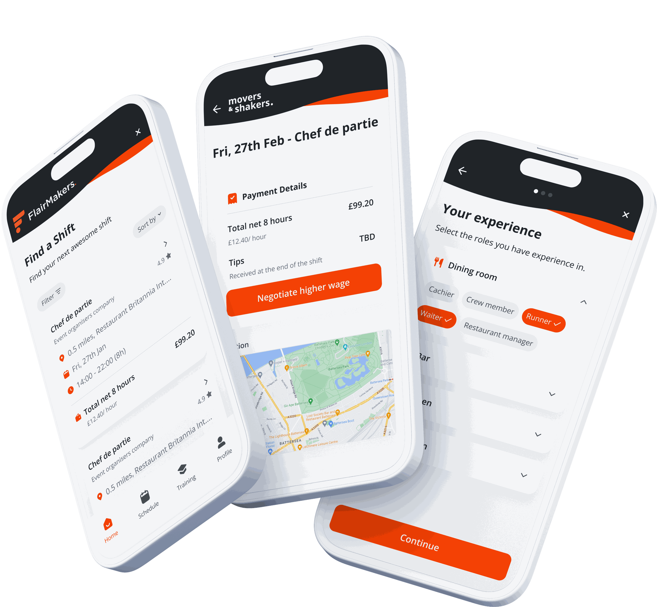 The FlairMakers talent app: a Find a Shift list showing pay and distance, a shift detail with payment breakdown, a negotiate-wage action and map, and an experience-and-roles screen