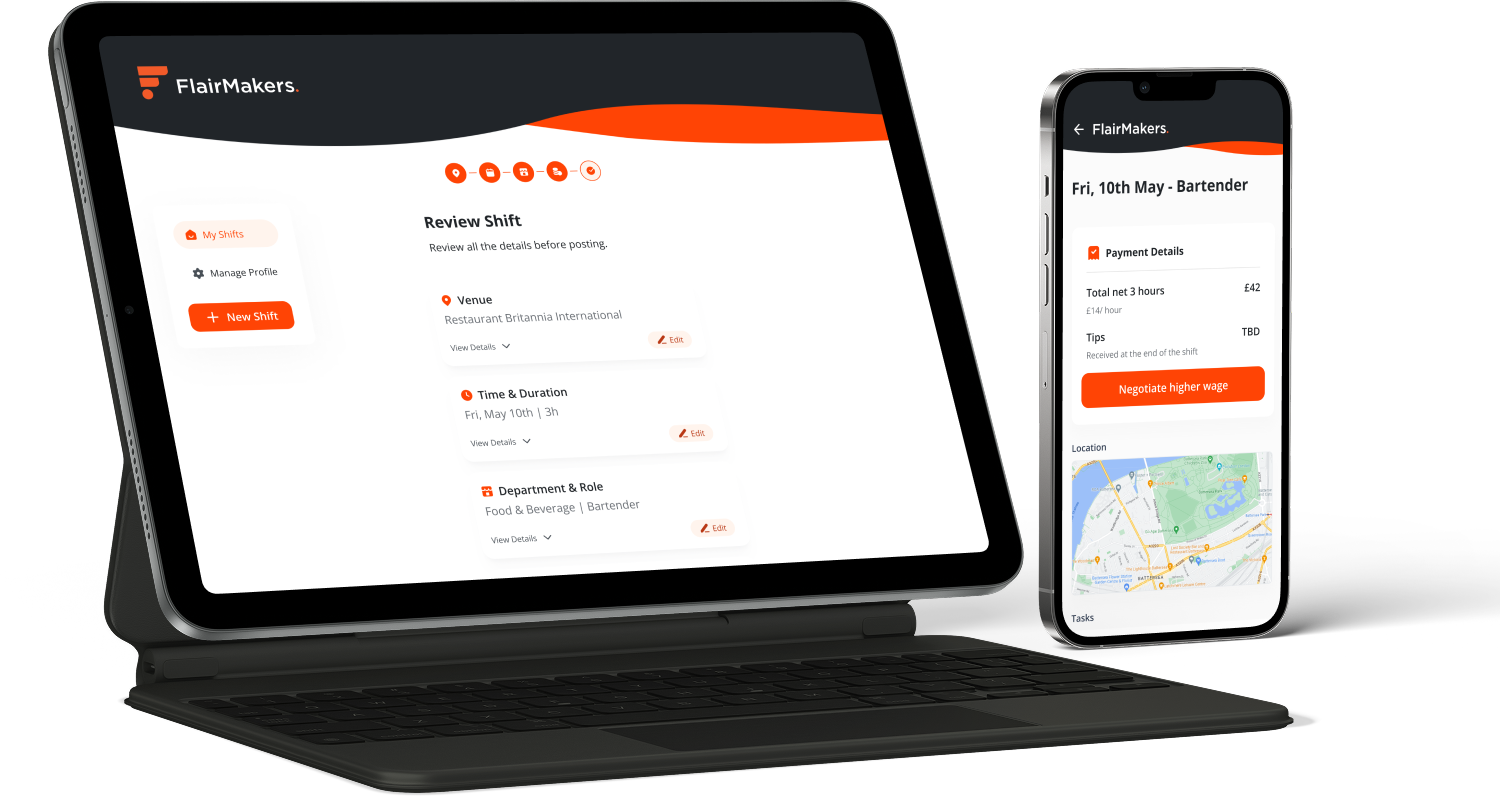 The FlairMakers business web platform on a tablet, reviewing a shift, next to the talent mobile app showing that shift's detail
