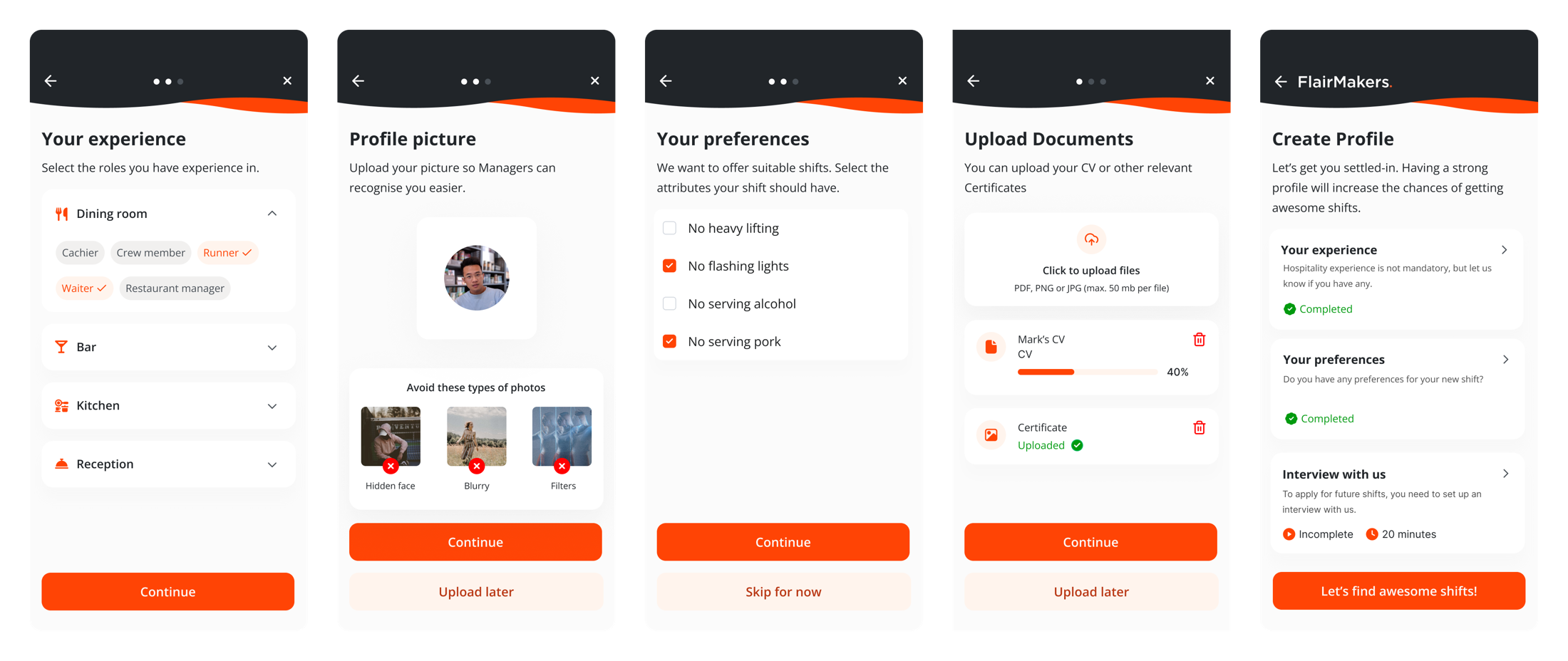 The FlairMakers talent onboarding flow across five screens: selecting experience, uploading a profile picture with guidance on which photos to avoid, setting shift preferences, uploading documents, and the finished profile checklist