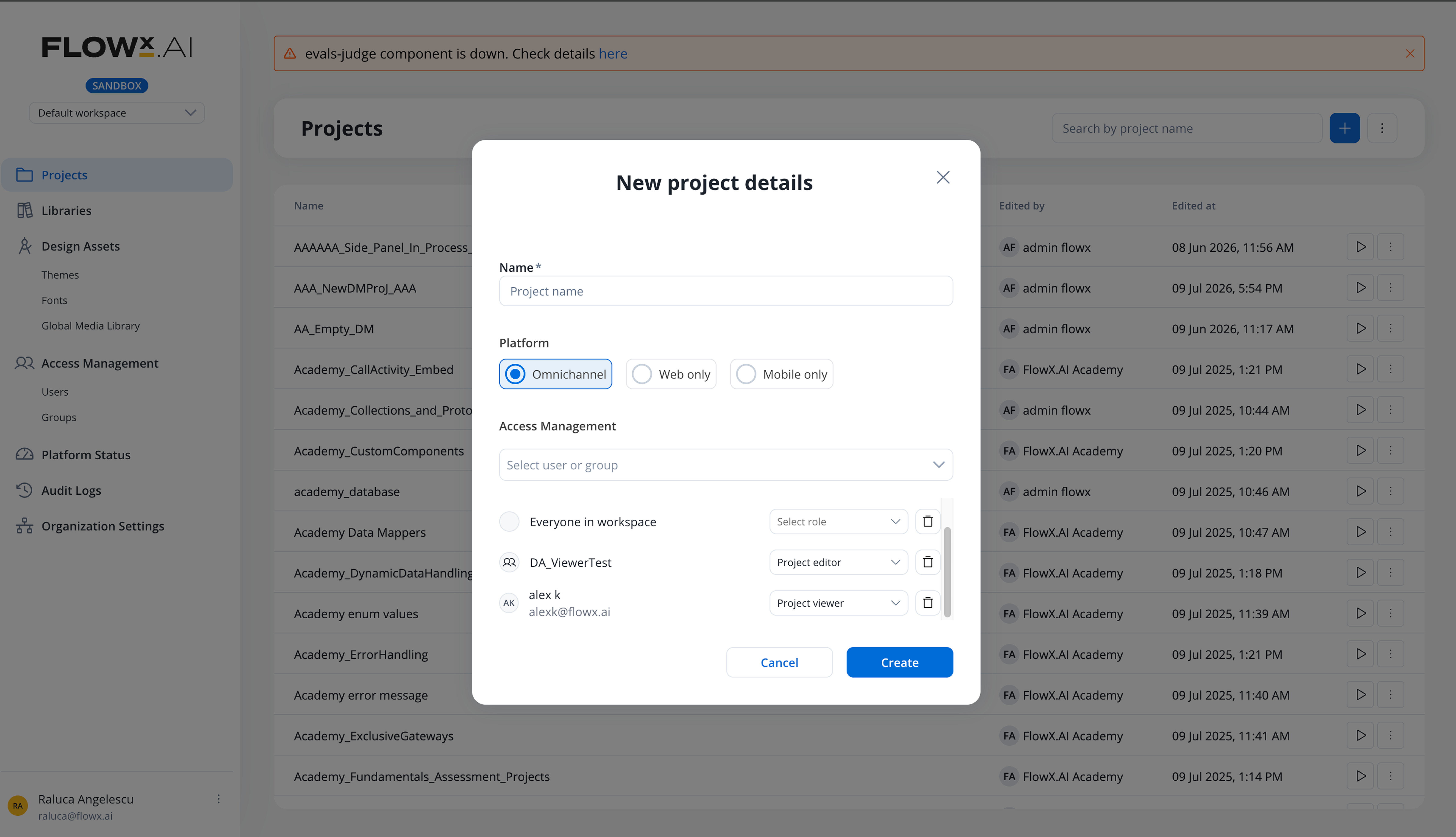 The New project details modal: name, platform, and an Access Management section granting a role per user or group, including an 'Everyone in workspace' option