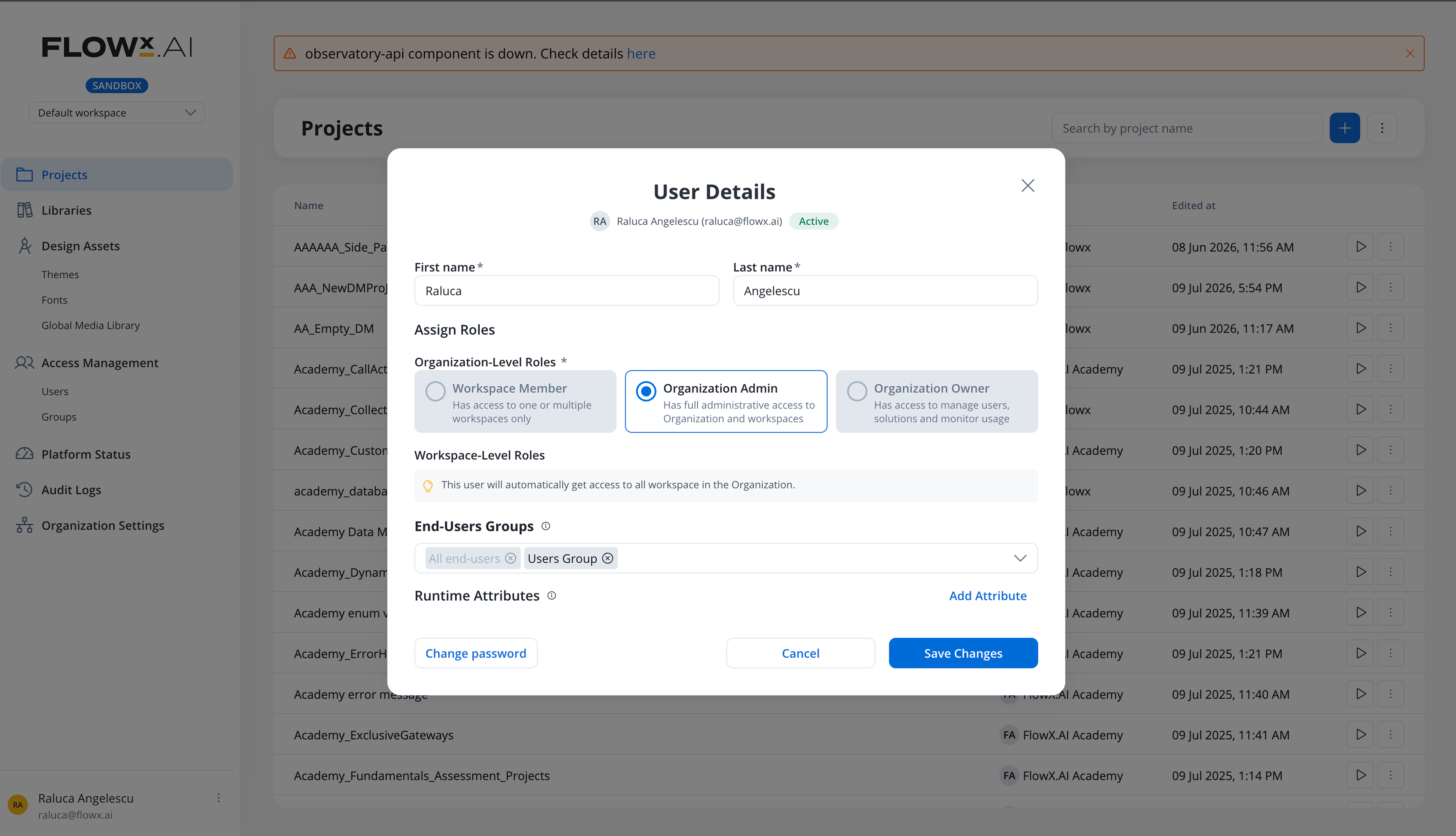 The User Details modal: organization-level roles (Workspace Member, Organization Admin, Organization Owner), a note that an admin gets access to all workspaces, and end-user groups assigned to the person