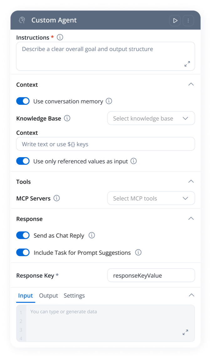 The Custom Agent node's configuration: instructions, conversation memory, a knowledge base, MCP tools, and chat-reply settings