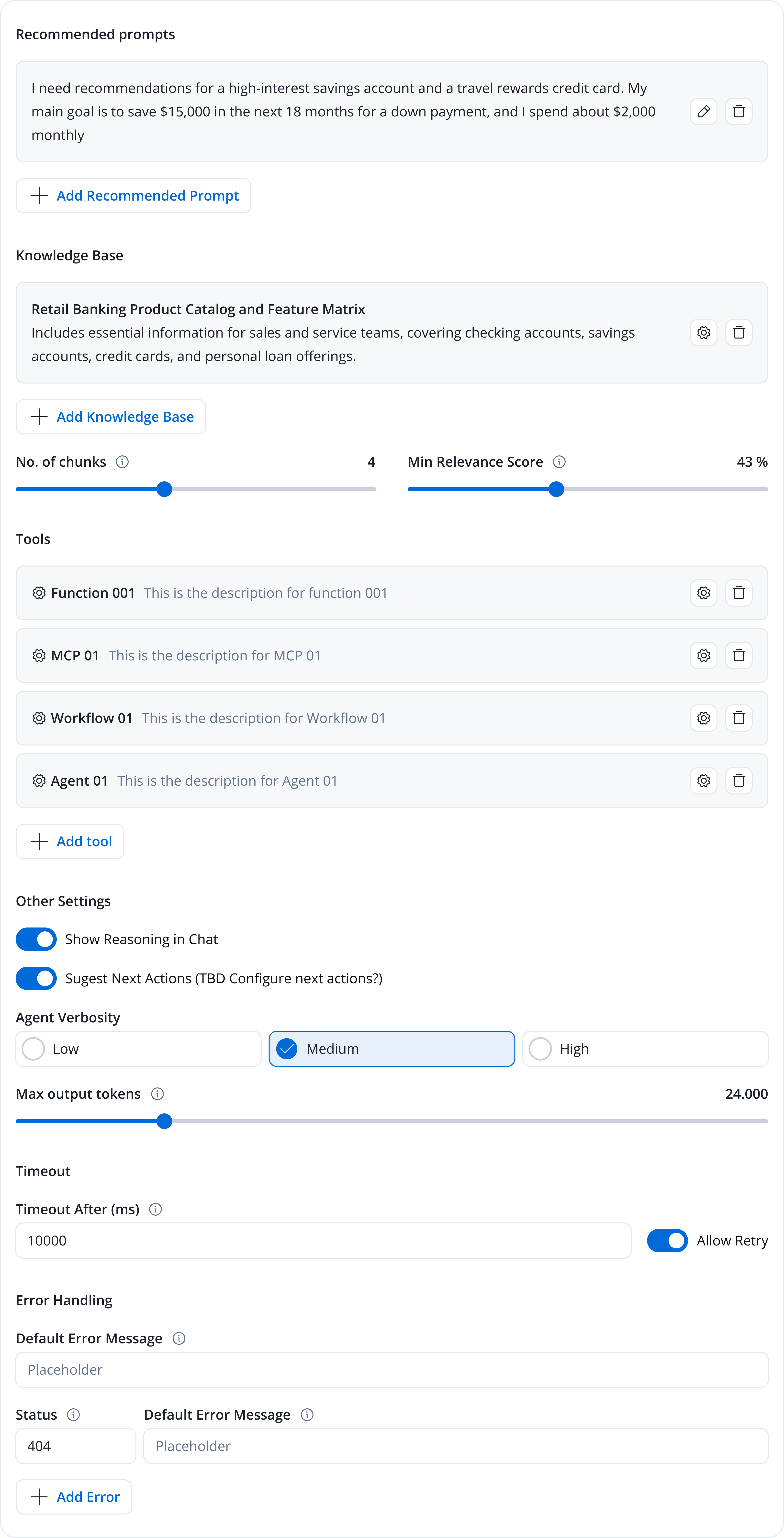 The agent's settings panel: recommended prompts, a knowledge base with chunk and relevance controls, and a list of tools