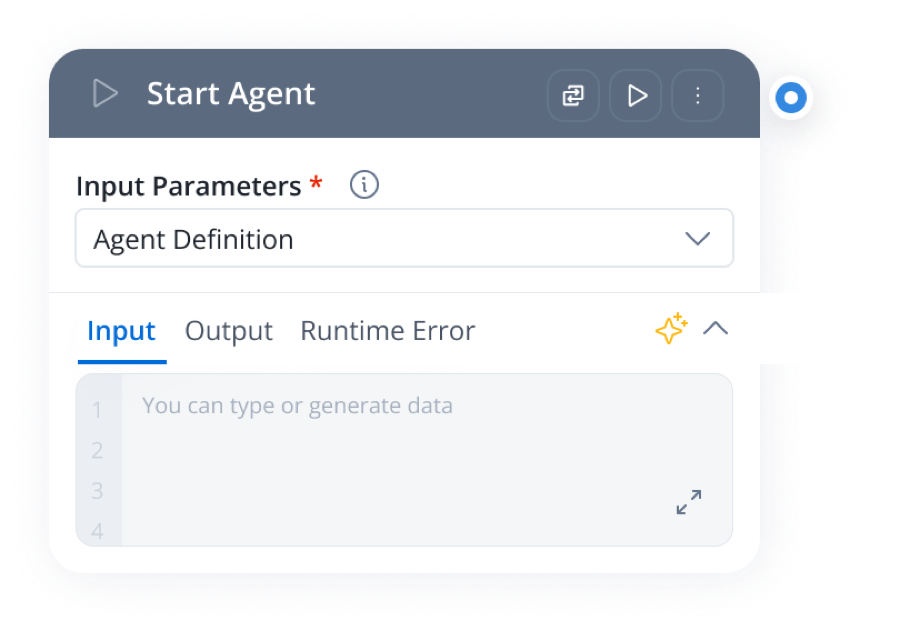 The Start Agent node's configuration: an Agent Definition input parameter, with Input, Output and Runtime Error tabs