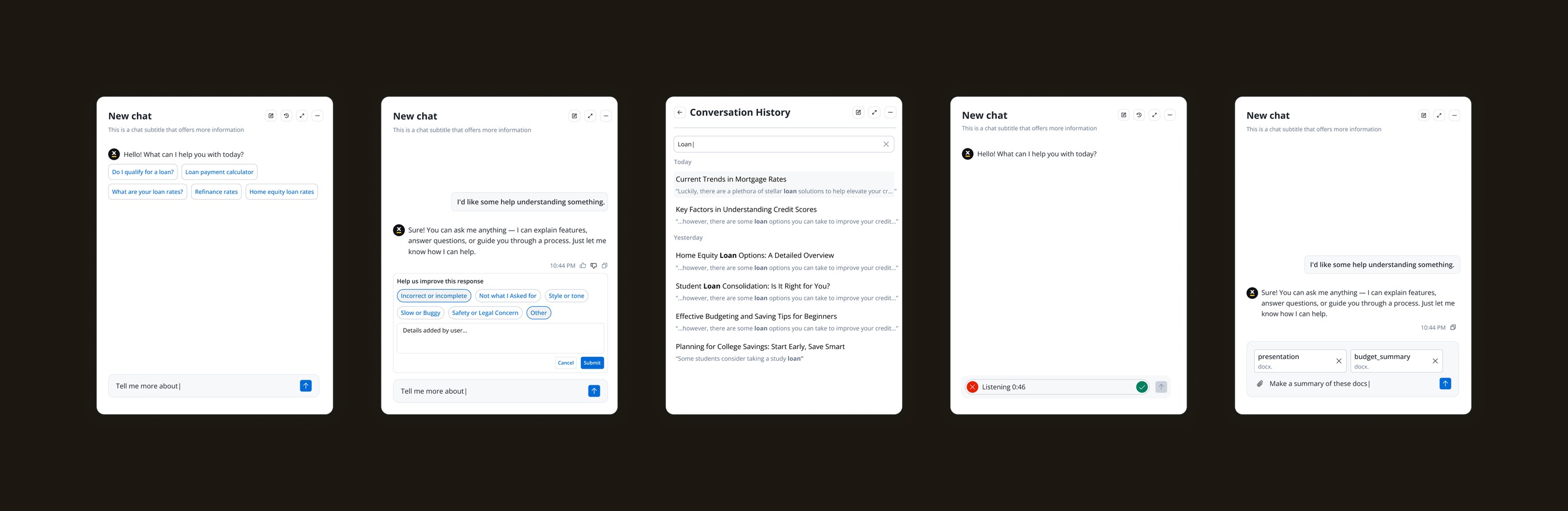 The shipped chat interface across five screens: a new chat with suggested prompts, a reply in progress, conversation history, and document-aware responses