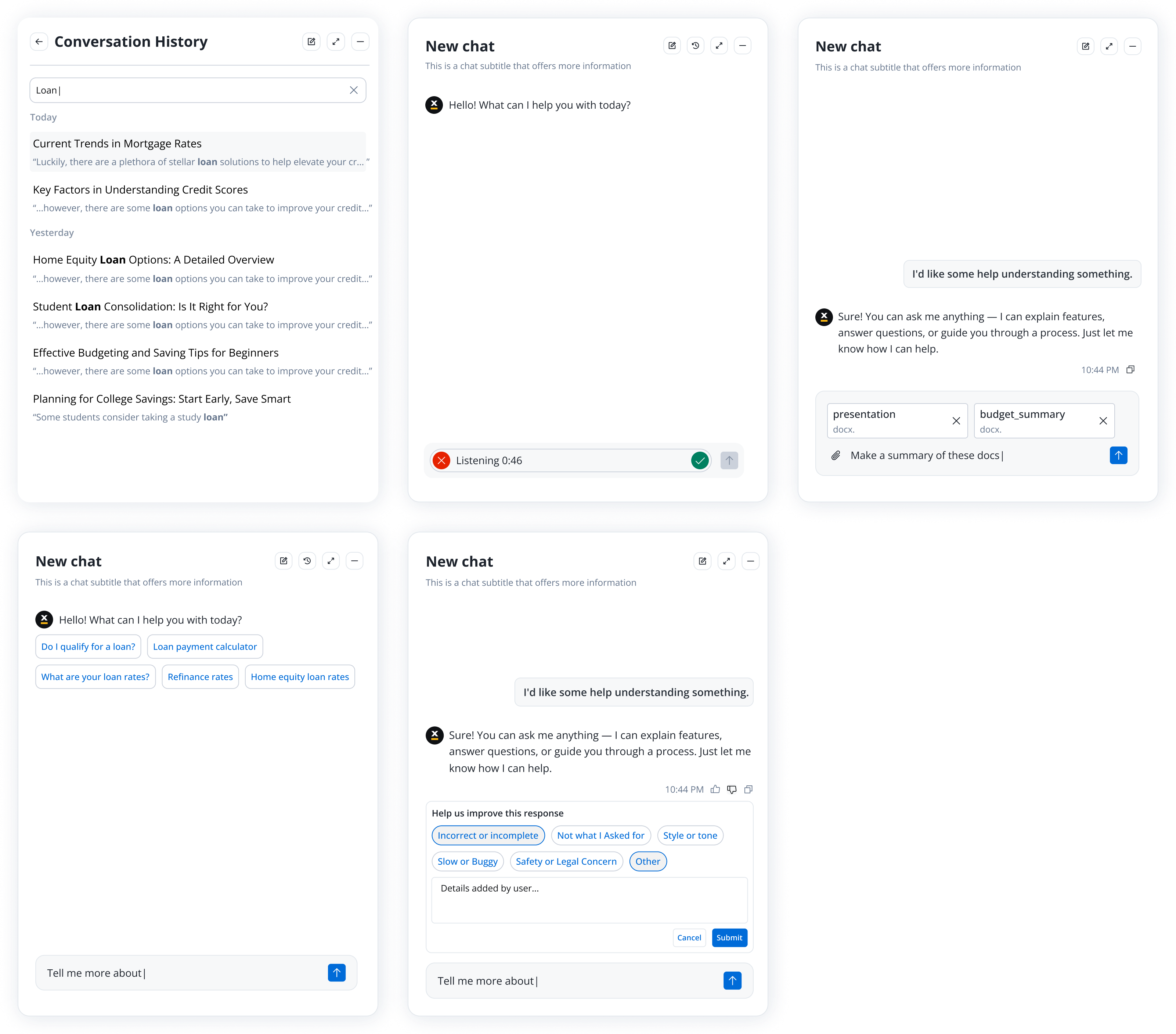 The shipped chat interface across five screens: searching conversation history, a voice message being transcribed, document-aware summarization, suggested starter prompts, and a response feedback panel