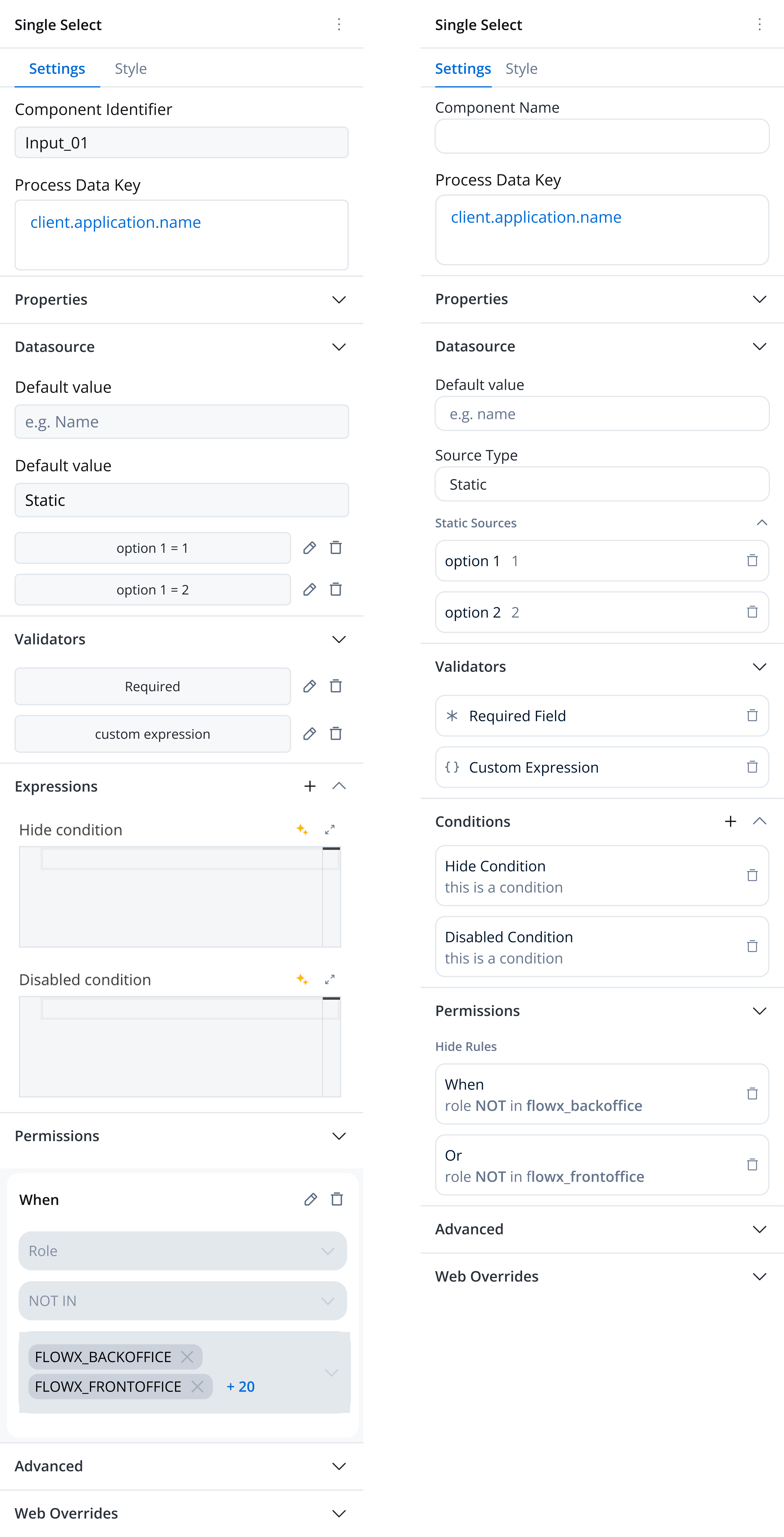 The Single Select component's config panel, before and after: the old panel on the left with developer-centric labels and fully expanded rule editors, the redesigned panel on the right with human-readable terminology, a dedicated Static Sources section, inline editing, and rules collapsed into plain-language summaries