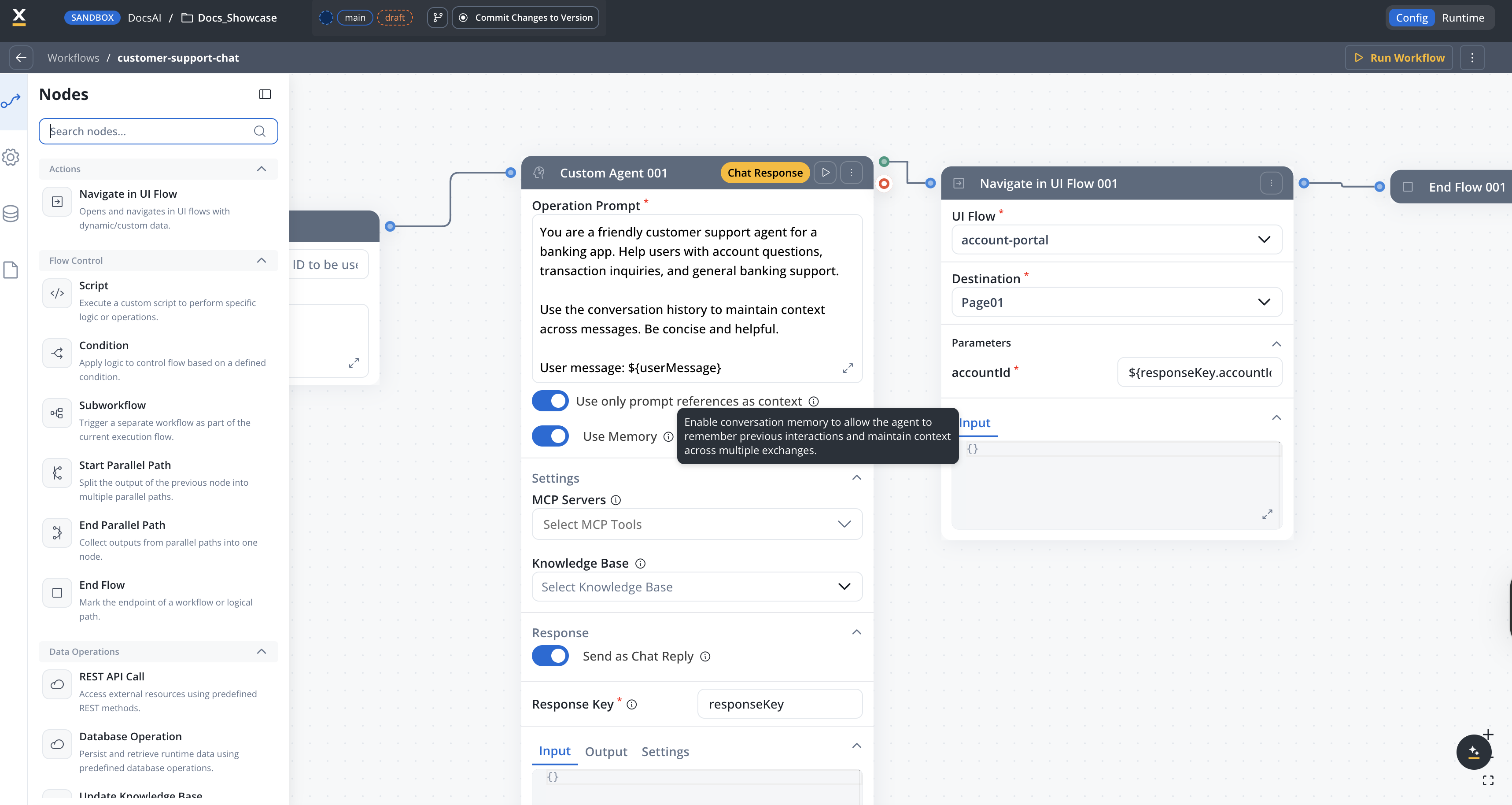 A conversational workflow canvas: a Custom Agent node replying directly in chat, wired into a Navigate in UI Flow node that opens a pre-filled account screen