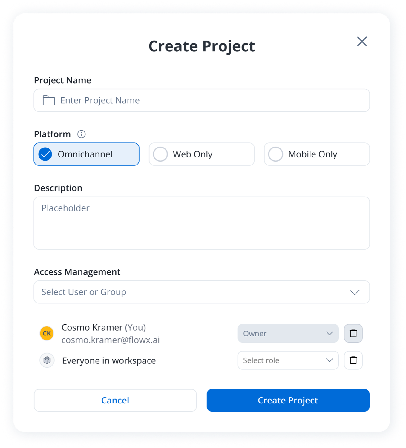 The Create Project modal: project name, platform choice (Omnichannel, Web Only, Mobile Only), description, and access management with per-user roles