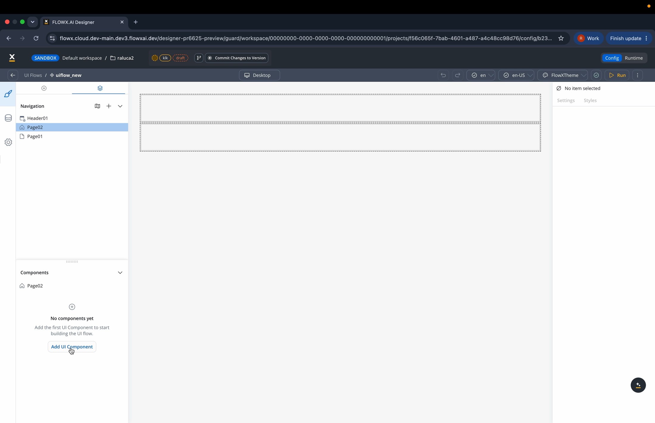 A newly created UI Flow open on the Navigation tab, with the pages list and an empty canvas
