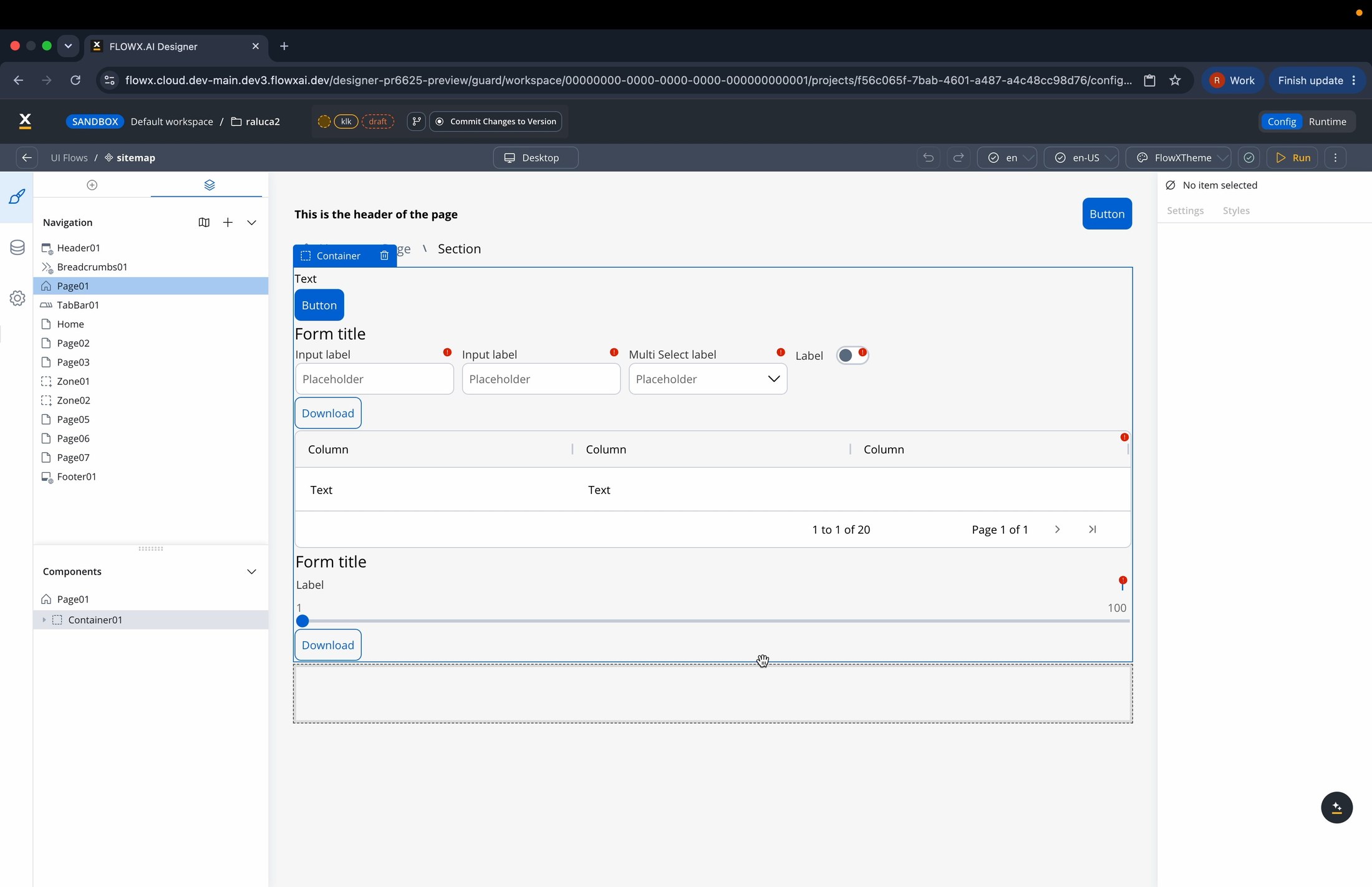 A populated UI Flow with the Components Tree expanded under the selected page, and the page laid out on the canvas