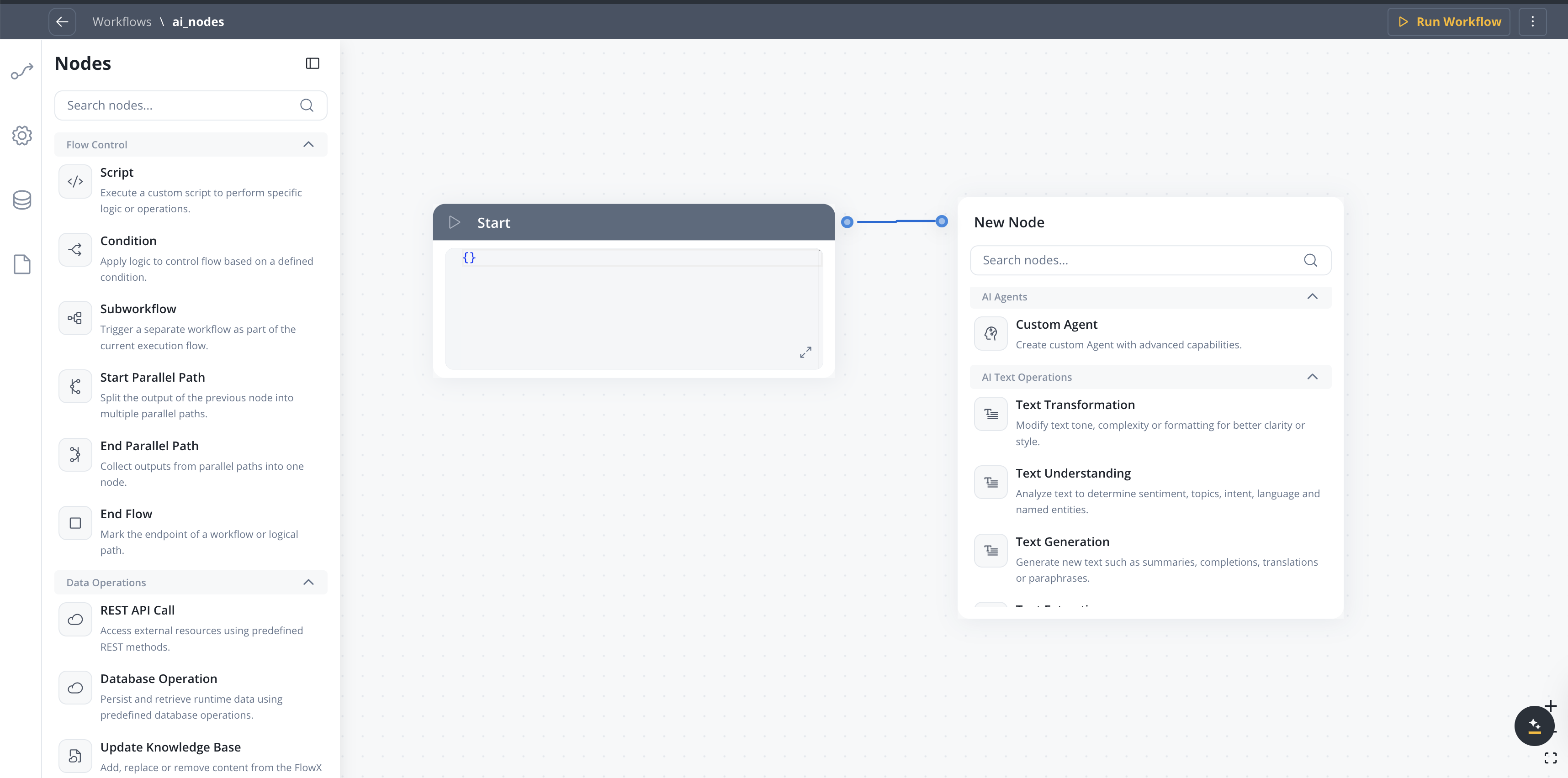 The workflow builder's New Node picker, searchable and grouped by category: AI Agents (Custom Agent) and AI Text Operations (Text Transformation, Text Understanding, Text Generation)