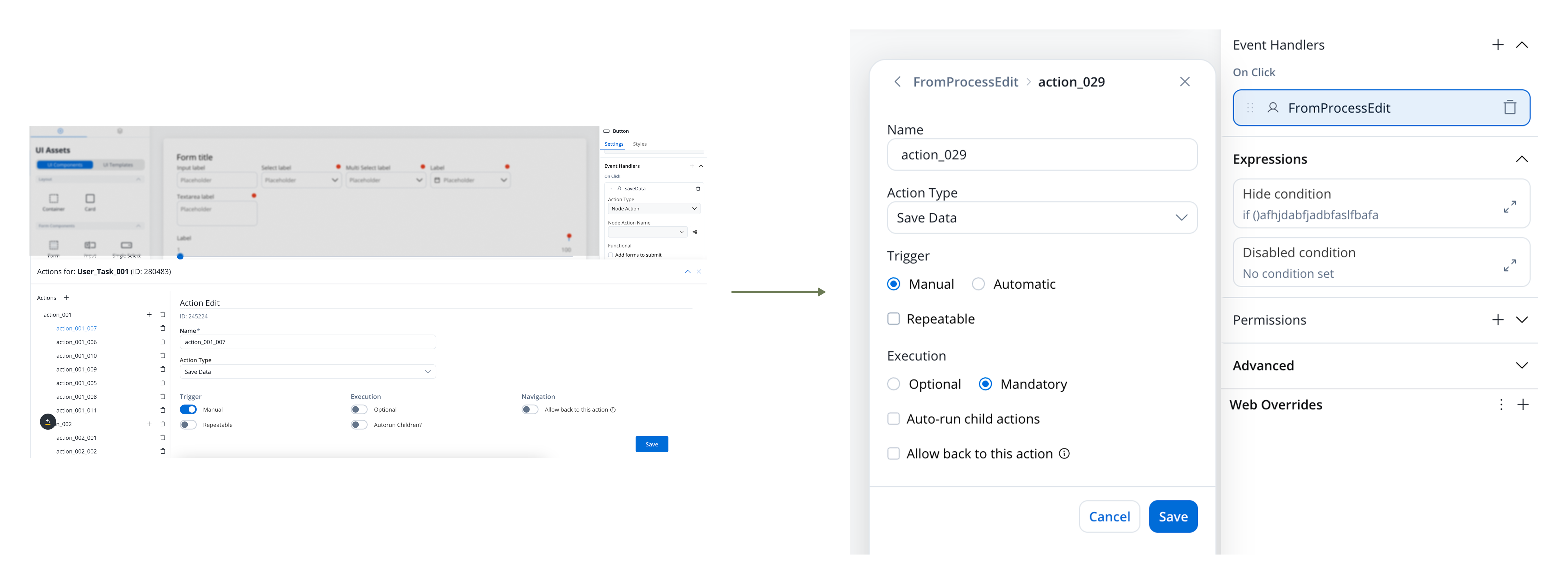 The UI Designer config panel replacing content in place, with a way to navigate back to where you started