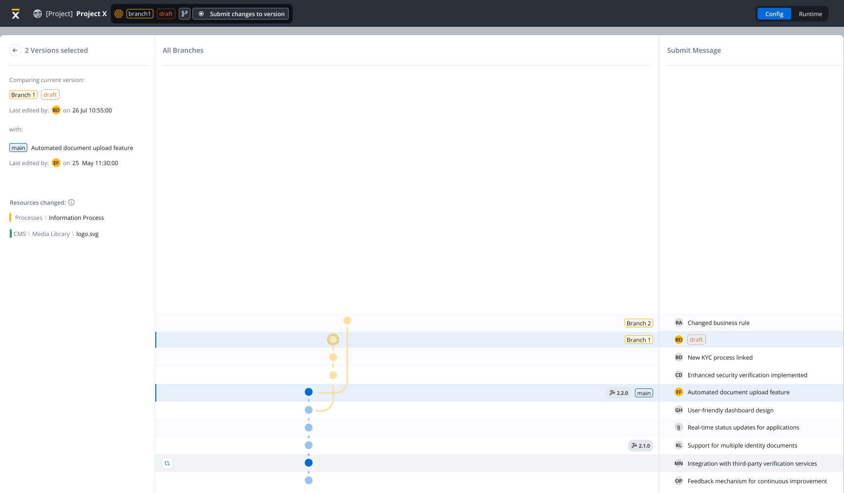 Compare mode: picking any two versions directly to see an overview of what changed between them